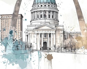 Illustration featuring the Saint Louis Arch and the City Hall building with watercolor splashes.