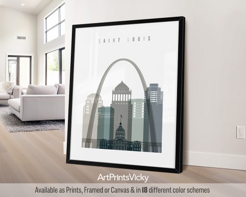 Saint Louis modern art print in cool Earth Tones 4. Features the Gateway Arch, and the cityscape by ArtPrintsVicky