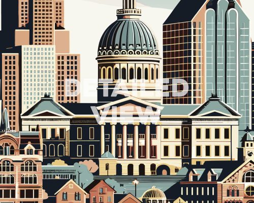 Illustration featuring a prominent dome building surrounded by city skyscrapers and architectural details.