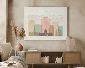 Artistic representation of Salt Lake City skyline with mountains in the background.