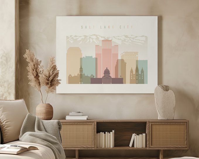 Artistic representation of Salt Lake City skyline with mountains in the background.