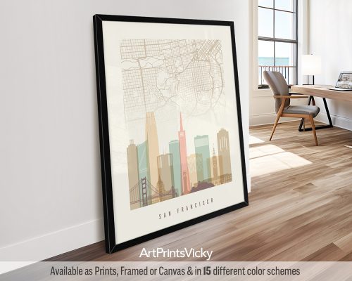 San Francisco minimalist map and skyline poster featuring the Golden Gate Bridge, iconic landmarks, and street layout, all rendered in a warm Pastel Cream palette. by ArtPrintsVicky.