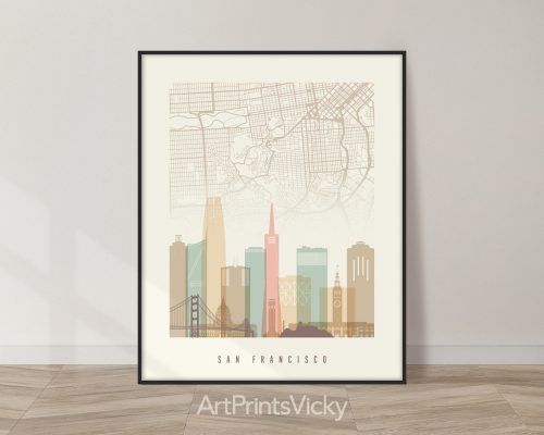 San Francisco minimalist map and skyline poster featuring the Golden Gate Bridge, iconic landmarks, and street layout, all rendered in a warm Pastel Cream palette. by ArtPrintsVicky.