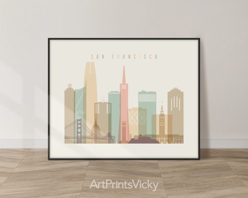 San Francisco city art print in warm pastel cream theme, landscape orientation, modern city print by ArtPrintsVicky