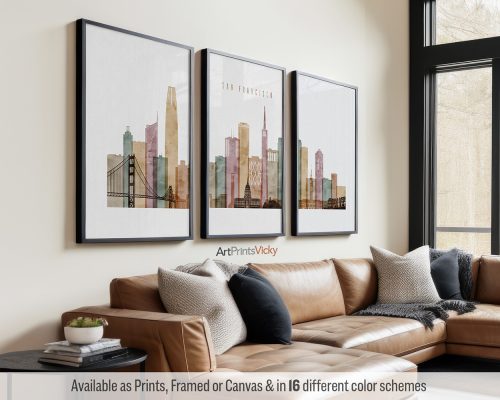 San Francisco skyline triptych featuring the Golden Gate Bridge, iconic landmarks, and the vibrant cityscape in a rich and textured warm Watercolor 1 style, divided into three contemporary prints. by ArtPrintsVicky.