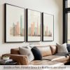 San Francisco skyline triptych featuring the Golden Gate Bridge, iconic landmarks, and the vibrant cityscape in a warm pastel cream style, divided into three contemporary prints. by ArtPrintsVicky.