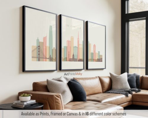 San Francisco skyline triptych featuring the Golden Gate Bridge, iconic landmarks, and the vibrant cityscape in a warm pastel cream style, divided into three contemporary prints. by ArtPrintsVicky.