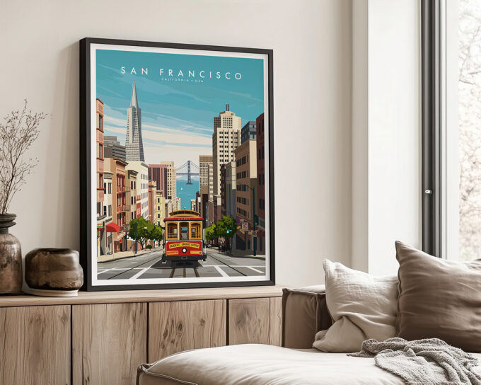 Illustration of a San Francisco street with a cable car and city skyline in the background.