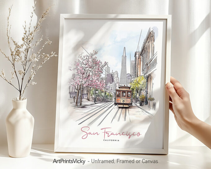 Illustration of San Francisco featuring a cable car and city skyline with trees in bloom.