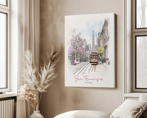 Illustration of San Francisco featuring a cable car and city skyline with cherry blossom trees.