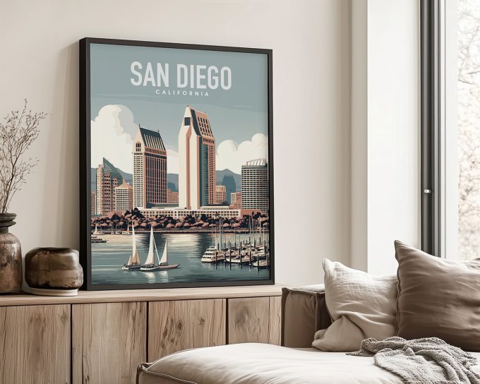 Art print of San Diego skyline featuring buildings and sailboats in the foreground.