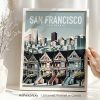 Art print featuring a stylized illustration of San Francisco with iconic buildings and Victorian houses.