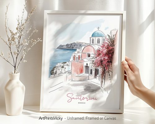 Illustration of Santorini featuring buildings with domed roofs and coastal scenery.