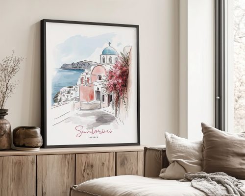 Illustration of Santorini, Greece, featuring buildings and coastal scenery in a framed print.