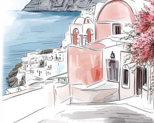 Illustration of a coastal scene in Santorini featuring white buildings and pink flowers.