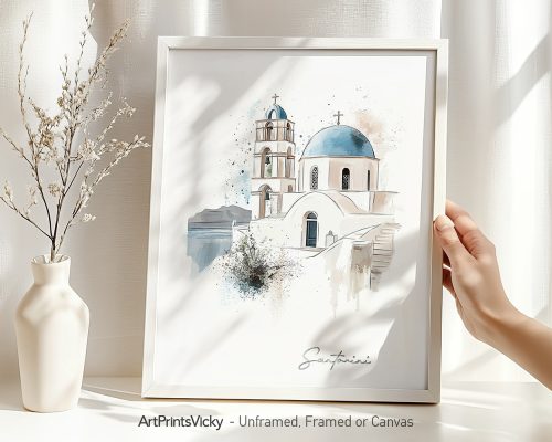 Framed drawing of a Santorini building with a blue dome and white walls, held by a hand.