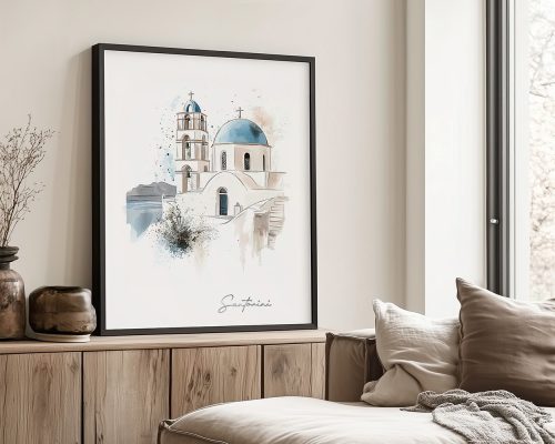 Illustration of a Santorini building featuring a blue dome and white walls, framed and displayed indoors.