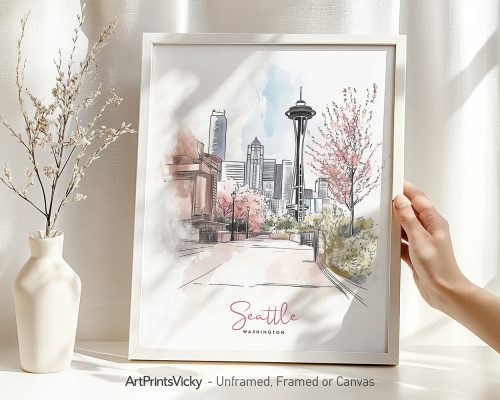 Artistic drawing of Seattle featuring the Space Needle and cherry blossom trees.