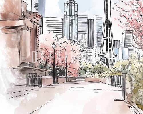 Illustration of Seattle skyline with cherry blossom trees and the Space Needle.