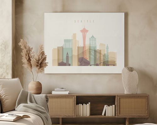 Art print featuring a stylized cityscape of Seattle with the Space Needle and various buildings.