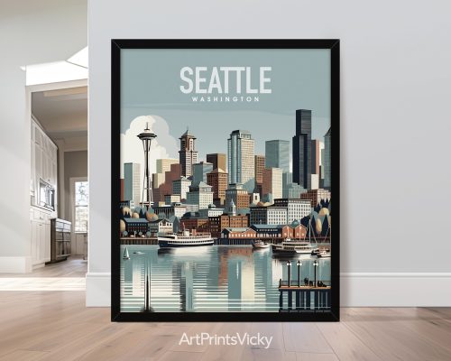 Seattle skyline travel poster in smooth colors by ArtPrintsVicky