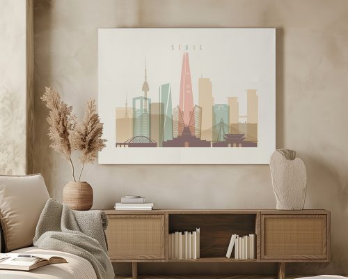Art print of a stylized cityscape featuring notable buildings in Seoul.