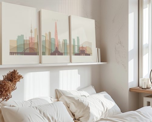 Three art prints depicting a stylized skyline of Seoul with various landmarks and buildings.