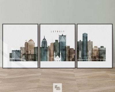 Detroit watercolor 2 skyline set of 3 prints