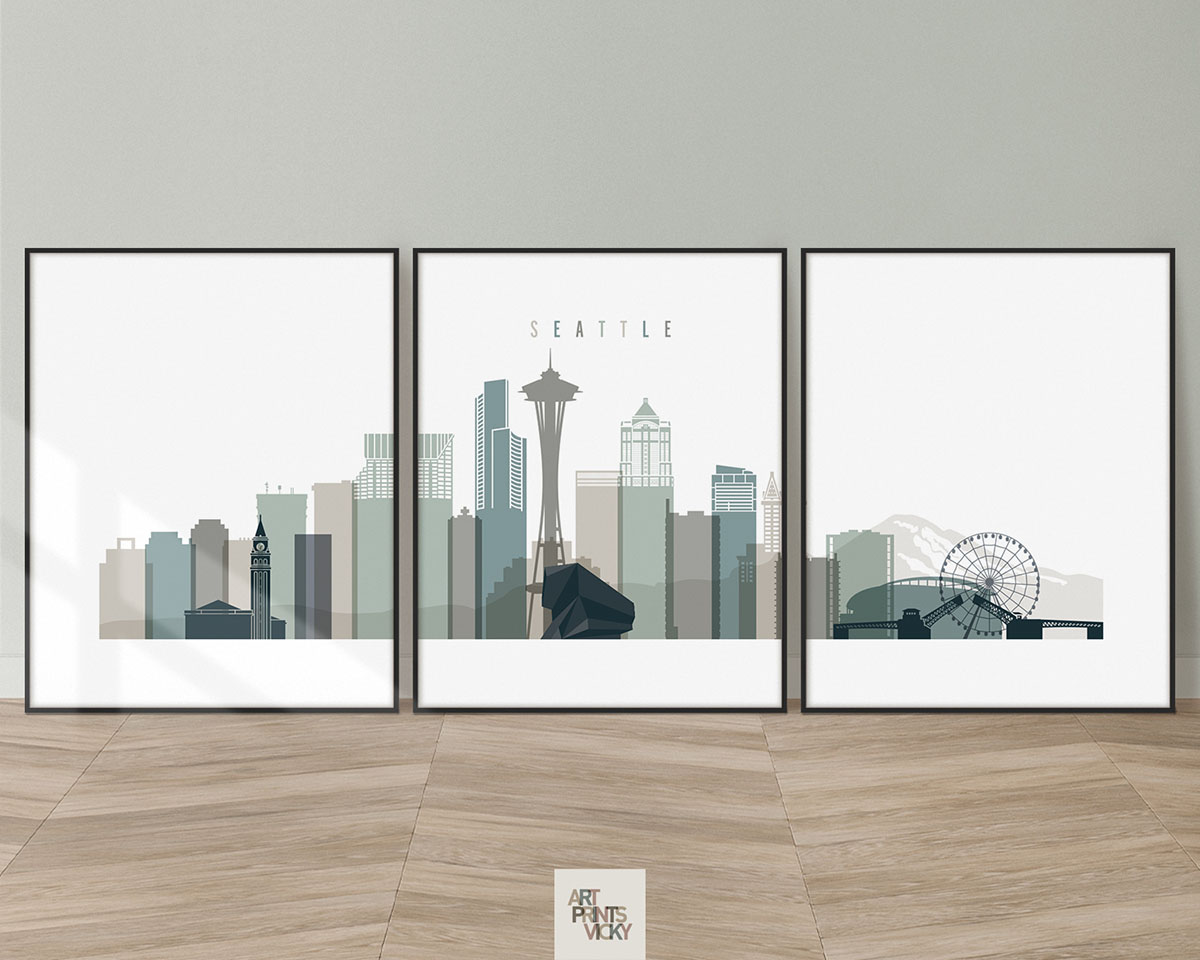 Seattle skyline art set of 3 prints earth tones 4