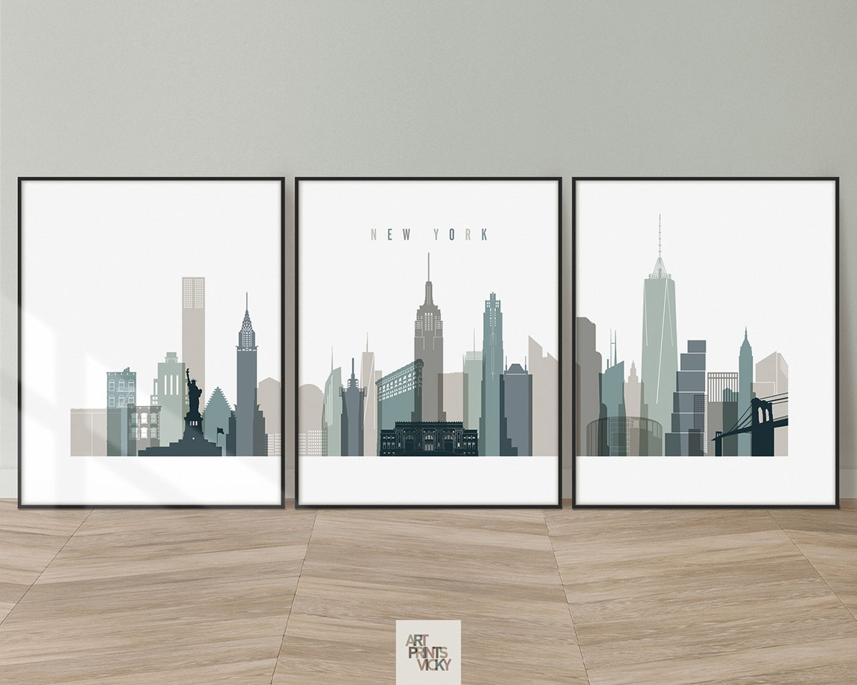 New York skyline 3 print set earth tones 4