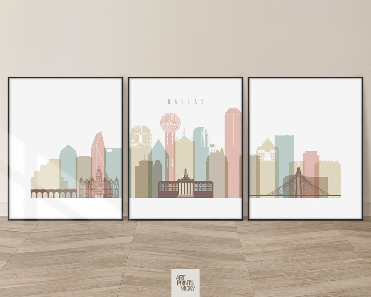 Dallas pastel white skyline set of 3 prints