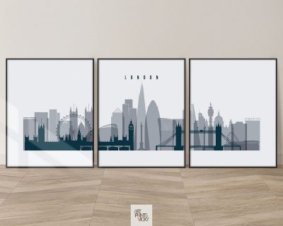 London skyline set of 3 prints grey blue