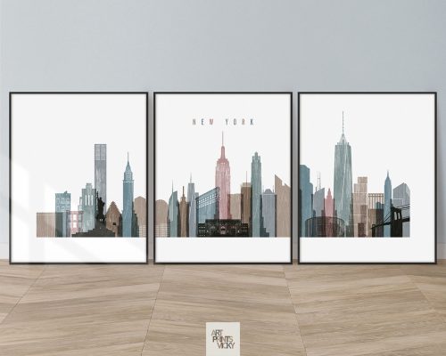 New York City skyline set of 3 prints distressed 1