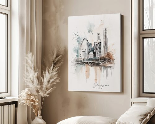 Artistic drawing of Singapore's skyline featuring notable buildings and structures.