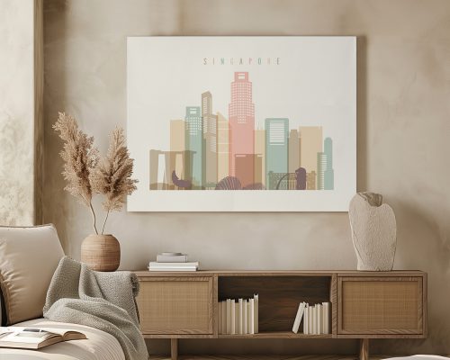 Artistic representation of Singapore's skyline featuring various iconic buildings and structures.