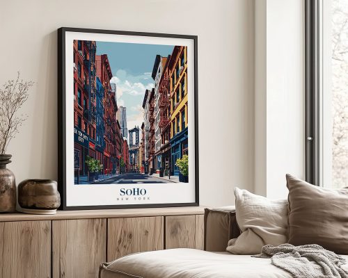 Art print of a street scene in SoHo, New York, featuring buildings and a clear sky.