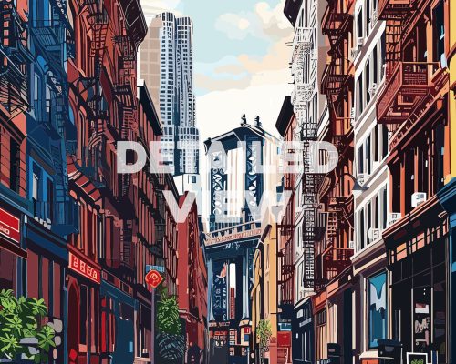 Illustration of a cityscape in SoHo, New York City, featuring buildings and a bridge.