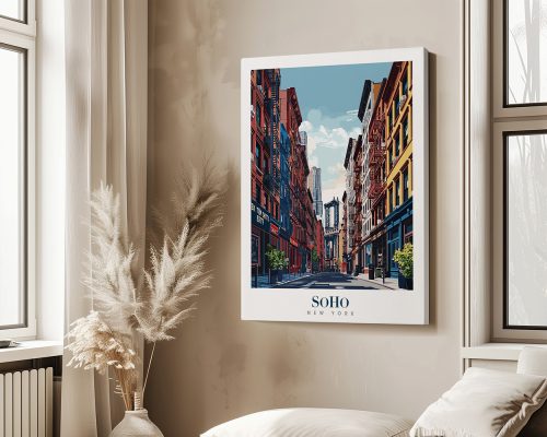 Art print depicting a street view of SoHo, New York, with colorful buildings and a clear sky.