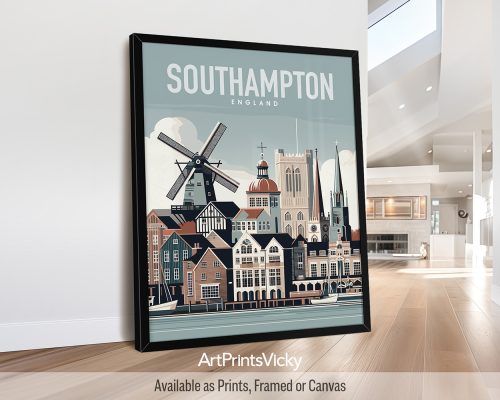 Southampton illustrated skyline travel poster in smooth colors by ArtPrintsVicky