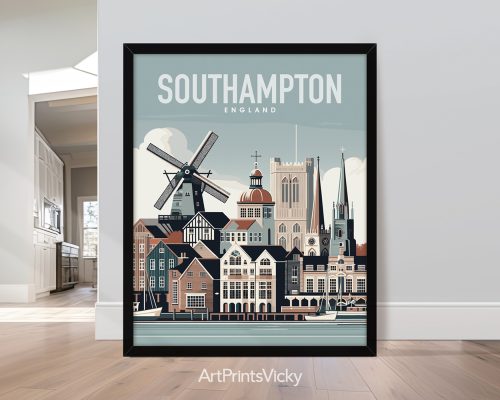 Southampton illustrated skyline travel poster in smooth colors by ArtPrintsVicky
