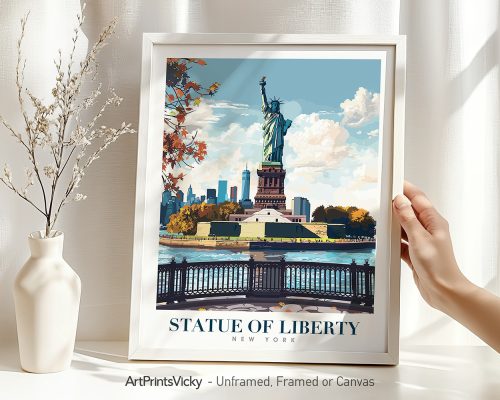 Framed print of the Statue of Liberty in New York with a blue sky and clouds.