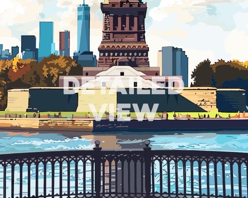 Illustration of the Statue of Liberty with a detailed view of its base and surrounding water.