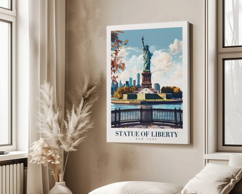 Artistic representation of the Statue of Liberty with a blue sky and city skyline in the background.