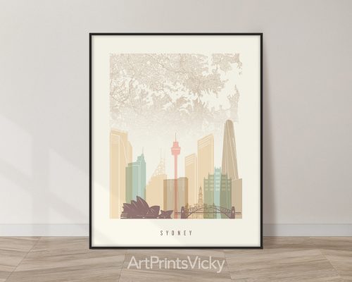 Sydney Street Map & Skyline Print in pastel cream them by ArtPrintsVicky