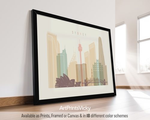 Landscape Sydney skyline in pastel cream, modern city print by ArtPrintsVicky