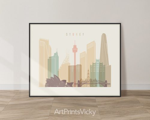 Landscape Sydney skyline in pastel cream, modern city print by ArtPrintsVicky