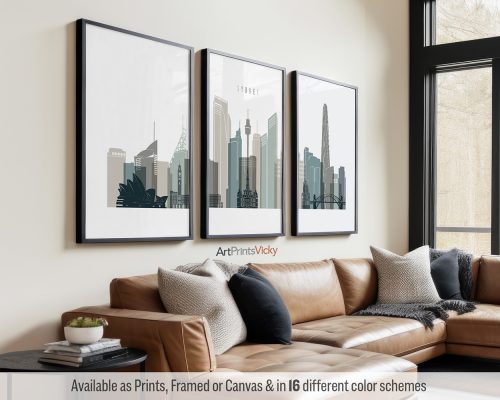 Sydney skyline triptych featuring the Opera House, Harbour Bridge, and other iconic landmarks in a calming Cool Earth Tones 4 color palette, divided into three prints. by ArtPrintsVicky.