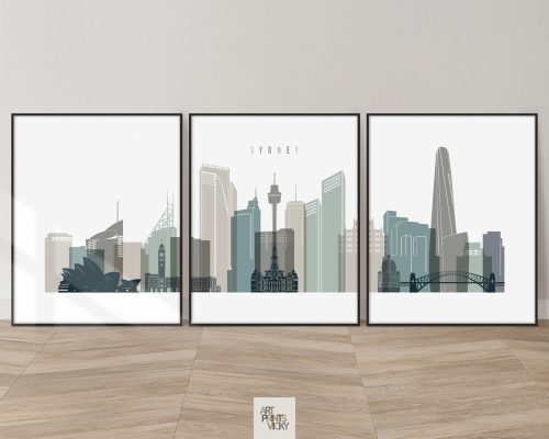 Sydney skyline triptych featuring the Opera House, Harbour Bridge, and other iconic landmarks in a calming Cool Earth Tones 4 color palette, divided into three prints. by ArtPrintsVicky.