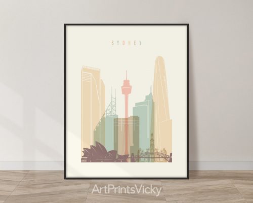 Sydney skyline in warm pastel cream theme, modern city print by ArtPrintsVicky