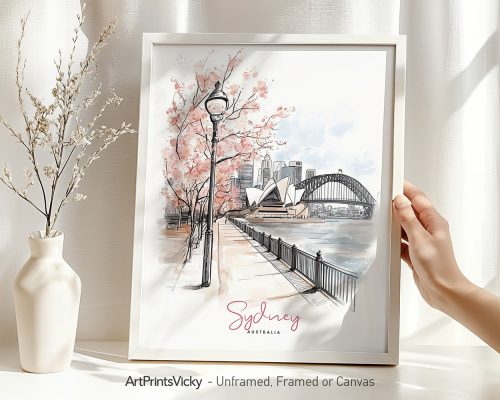 Illustration of Sydney featuring the Opera House and Harbour Bridge with cherry blossoms.
